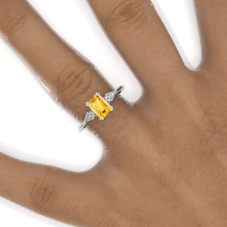 14K White Gold 1.5 Carat Emerald Cut Yellow Sapphire Cluster  Engagement Ring Model 1166