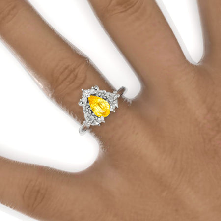 14K White Gold 1.5 Carat Pear Cut Yellow Sapphire Cluster Floral Engagement Ring Model 1167