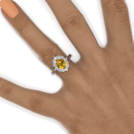 14K White Gold 1.5 Carat Oval Cut Yellow Sapphire Halo Floral Engagement Ring Model 1168