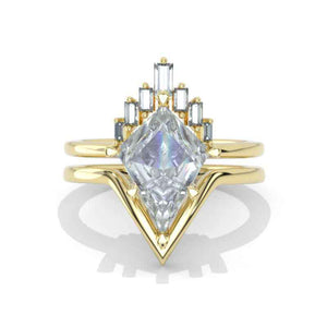 14K Gold Yellow 4 Carat Kite Moissanite Halo Unique Engagement Ring, Plain Eternity Ring Set