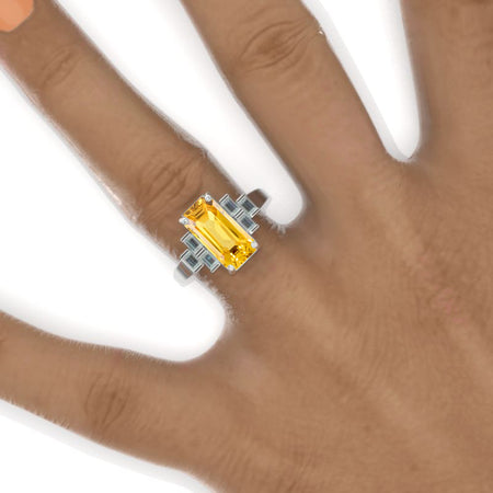 5 Carat Yellow Sapphire Emerald Step Cut White Opal Hidden Halo Engagement Ring