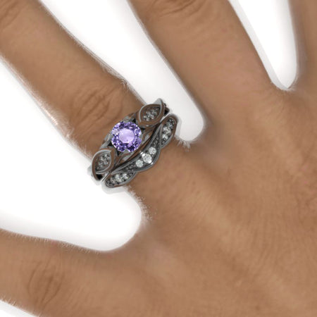 Celtic Purple Sapphire Curved Wedding 14K Black Gold Ring