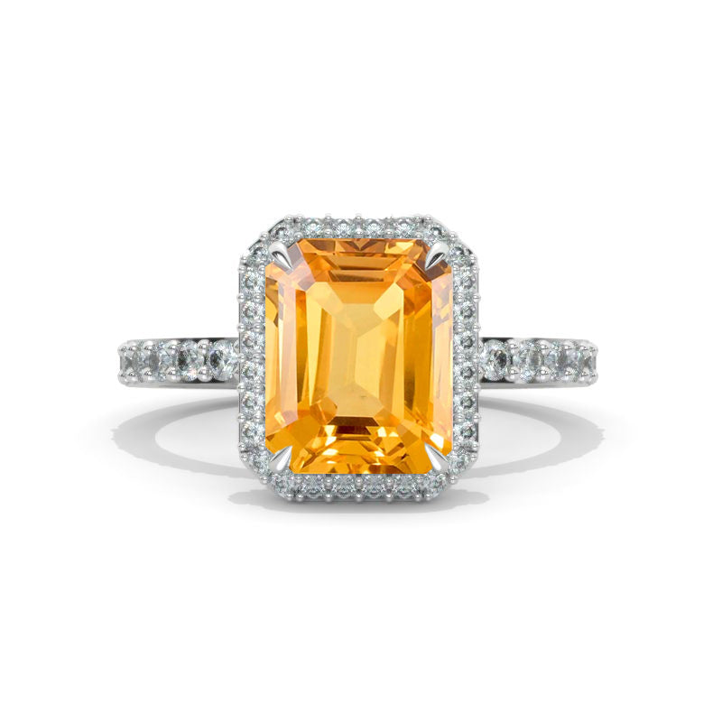 4 Carat Emerald Cut Genuine Yellow Citrine Giliarto Halo Gold Engagement Ring Classic Style Model 1079-10x8