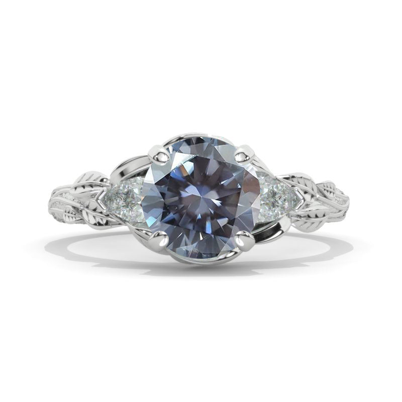 2 Carat Round Cut Moissanite Floral Gold Engagement Ring Leaves Design
