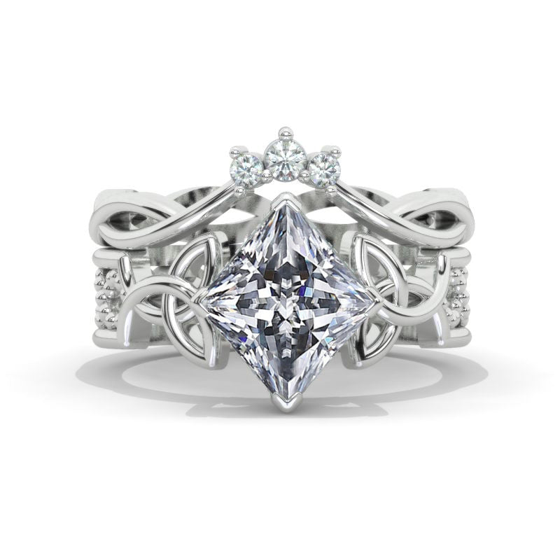 2.5 Carat Kite Moissanite Halo 14K White Gold Engagement Ring, Celtic Ring Set
