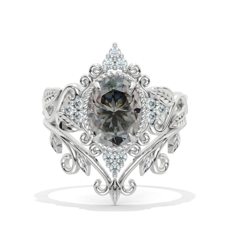 14K White Gold 2 Carat Oval Moissanite Engagement Ring Unique Floral  Ring Set
