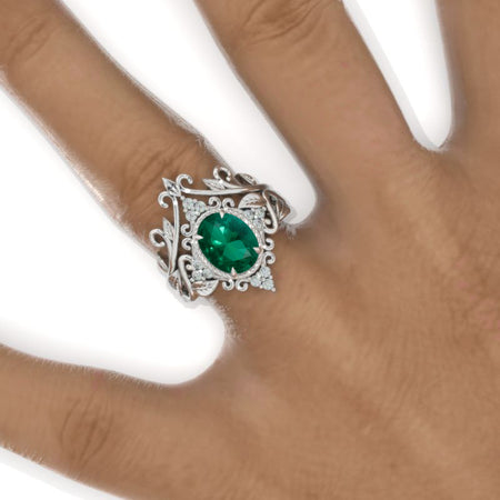 14K White Gold 2 Carat Oval Emerald Engagement Ring Unique Floral  Ring Set Model 1185