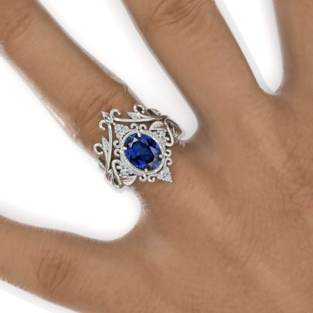 14K White Gold 2 Carat Oval Royal Blue Sapphire Engagement Ring Unique Floral  Ring Set Model 1185