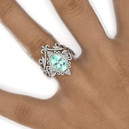 14K White Gold 2 Carat Oval Mint Sapphire Engagement Ring Unique Floral  Ring Set