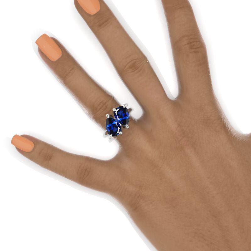 4 CTW Royal Blue Sapphire Double Pear Cut Engagement 14K White Gold Engagement Ring Model 1044
