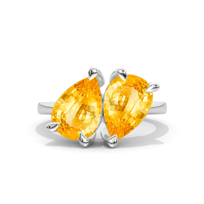 4 CTW Genuine Yellow Citrine Double Pear Cut Engagement 14K White Gold Engagement Ring Model 1044