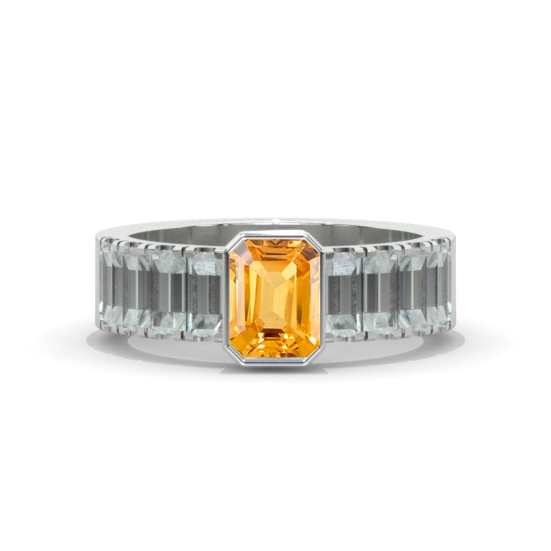 4CTW Emerald Cut  Genuine Yellow Citrine Bezel Setting  Gold Engagement Ring Model 1193