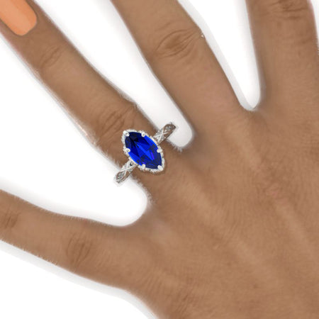 2 Carat Marquise 14K Solid Gold Ring 12x6mm Marquise Royal Blue Sapphire Floral Ring Engagement Ring