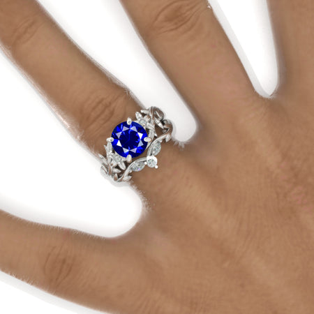 2 Carat  Floral Celtic Royal Blue Sapphire Engagement Ring Twig Floral Set Model 1198