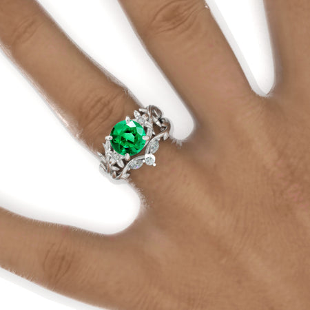 2 Carat  Floral Celtic Emerald Engagement Ring Twig Floral Set Model 1198