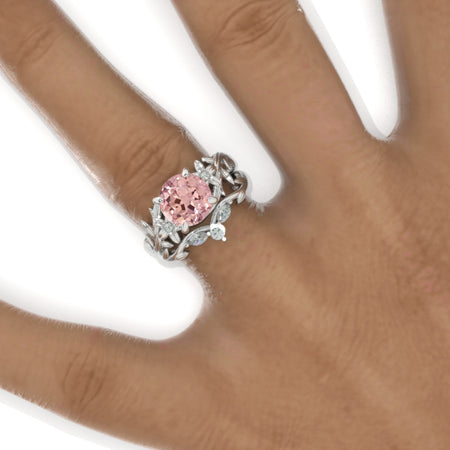 2 Carat  Floral Celtic Peach Sapphire Engagement Ring Twig Floral Set Model 1198