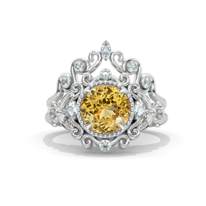 2 Carat Floral Halo Genuine Yellow Citrine Engagement Ring Twig Floral Set Victorian Style Model 1200