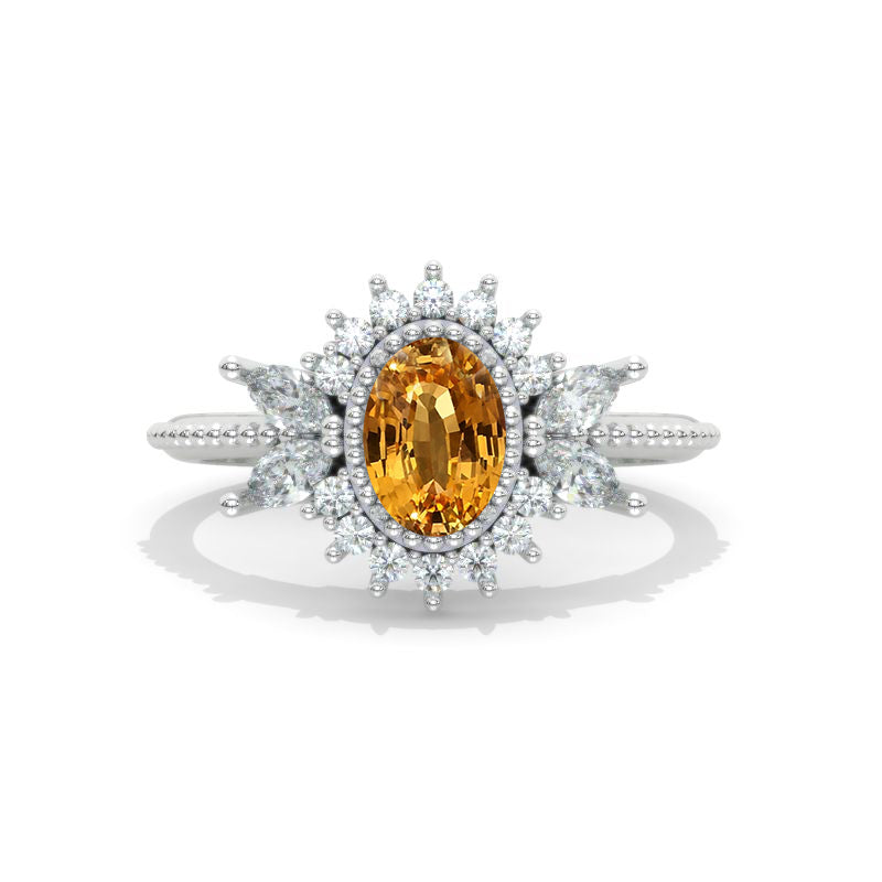1 Carat Oval Cut Halo Cluster  Giliarto Genuine Yellow Citrine White Gold Engagement Ring Model 1211-7x5