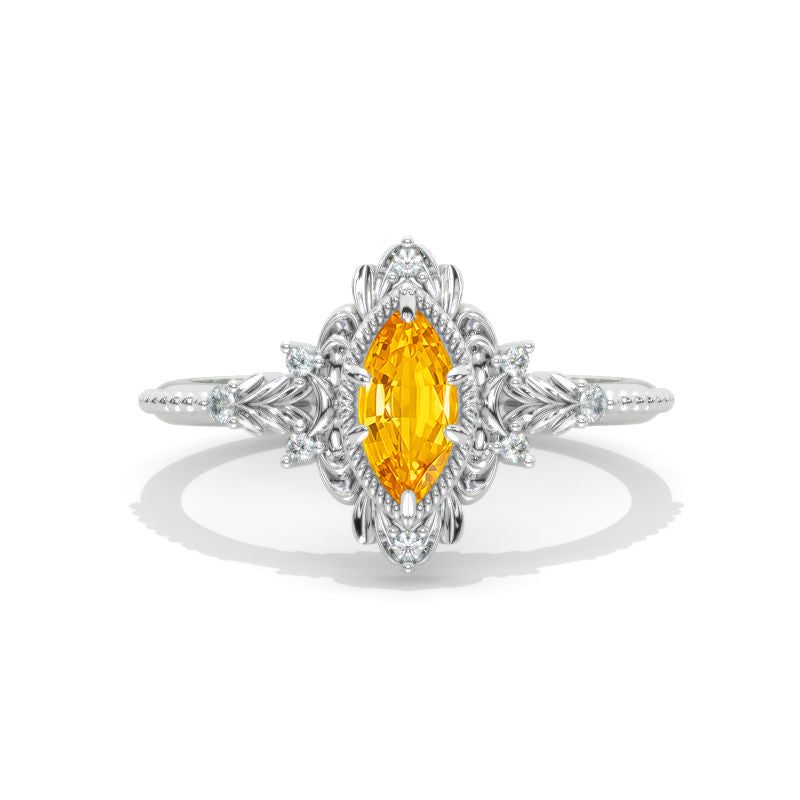 1 Carat Marquise Cut Floral Twig Genuine Yellow Citrine White Gold Engagement Ring Model 1213-7x5