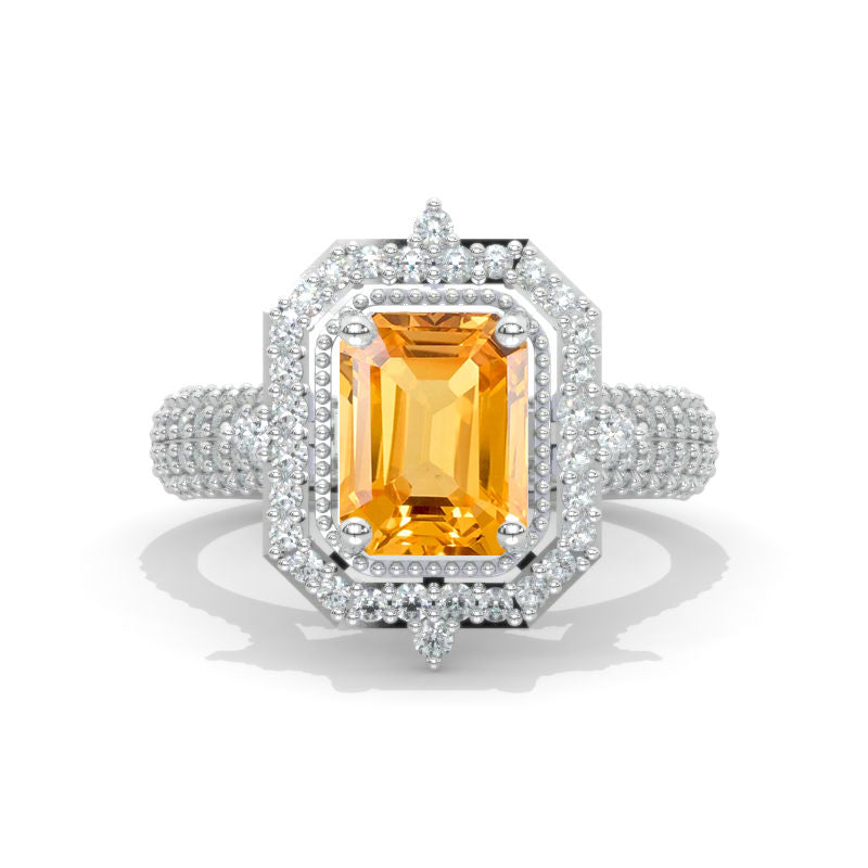 2 Carat Vintage Halo Style 8x6mm Emerald Cut Giliarto Genuine Yellow Citrine White Gold Engagement Ring Model 1054-8x6