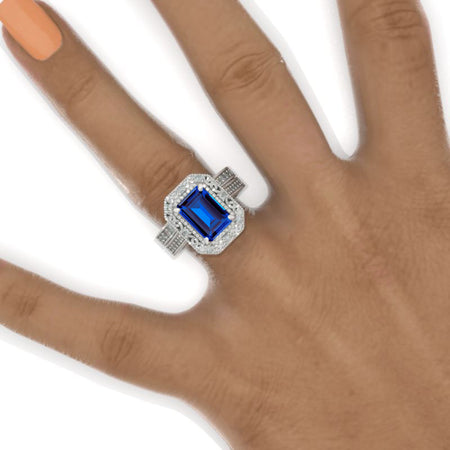 3 Carat Emerald Cut Royal Blue Sapphire Halo Floral Ornamental Engagement Ring Eternity Ring Set Model 1240