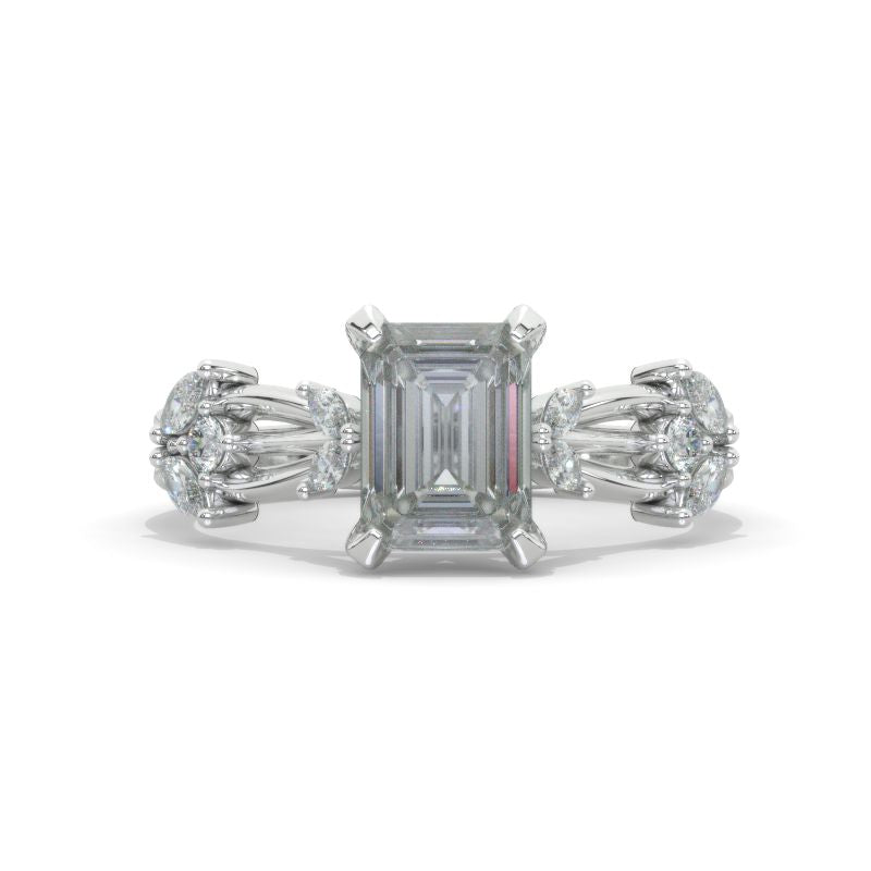 2 Carat Elongated Emerald Cut Moissanite Floral Shank 14K White Gold Engagement Ring Model 1290