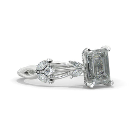 2 Carat Elongated Emerald Cut Moissanite Floral Shank 14K White Gold Engagement Ring Model 1290