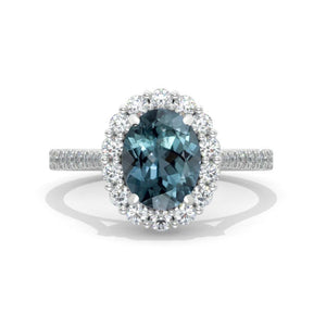 2 Carat Vintage Style Oval Teal Sapphire Halo 14K White Gold Engagement Ring Model 1325