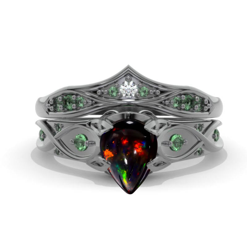 14K Black Rhodium Gold Pear Black Fire Opal  Emerald Celtic Engagement Ring Set