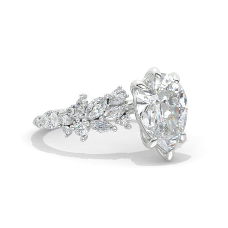 14K White Gold 3 Carat Pear Moissanite Halo Floral Engagement Ring Model 1327