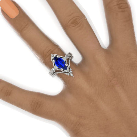 14K White Gold 2 Carat Marquise Cut Royal Blue Sapphire Halo Engagement Ring Set  Model 1330