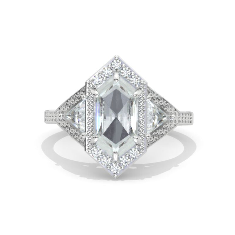 3 Carat Elongated Hexagon Celtic  Moissanite 14K White Gold Engagement Ring Model 1345