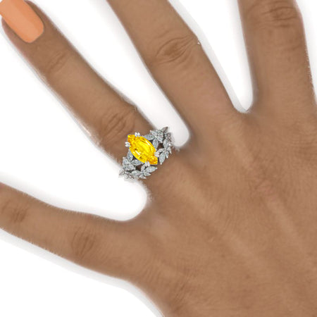 14K White Gold 1.5 Carat Marquise Cut Yellow Sapphire Halo Engagement Ring Set  Model 1347