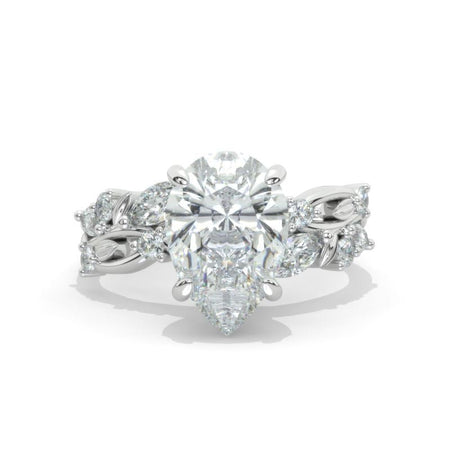 3 Carat Pear Cut Moissanite Floral Leaves Art Avenue  Engagement 14K White Gold  Ring  Model 1371