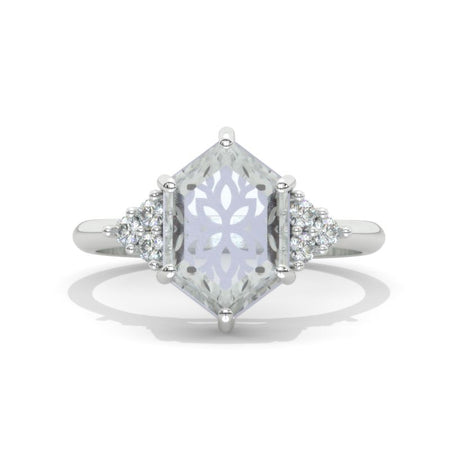 3 Carat Elongated Hexagon Celtic  Moissanite 14K White Gold Engagement Ring Model 1373