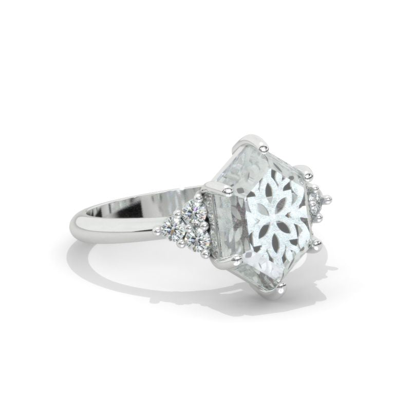 3 Carat Elongated Hexagon Celtic  Moissanite 14K White Gold Engagement Ring Model 1373