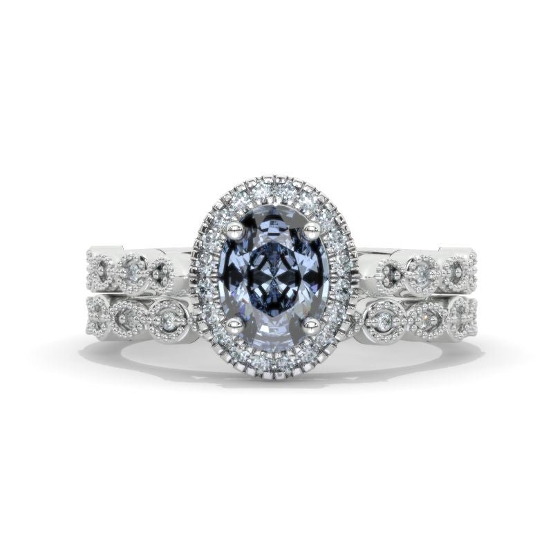 1.5 Carat Dark Gray-Blue Oval  Moissanite Halo  Engagement Eternity Two Rings Set Model 520-8x6