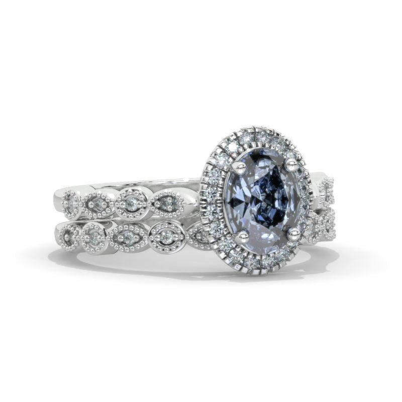 1.5 Carat Dark Gray-Blue Oval  Moissanite Halo  Engagement Eternity Two Rings Set Model 520-8x6