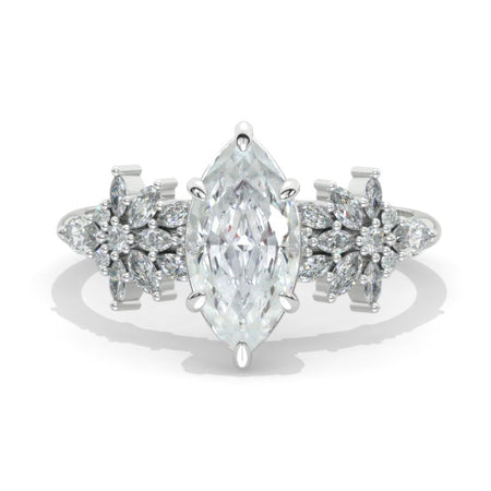 14K White Gold 1.5 Carat Marquise Cut Moissanite Floral Twig Engagement Ring Model 1377