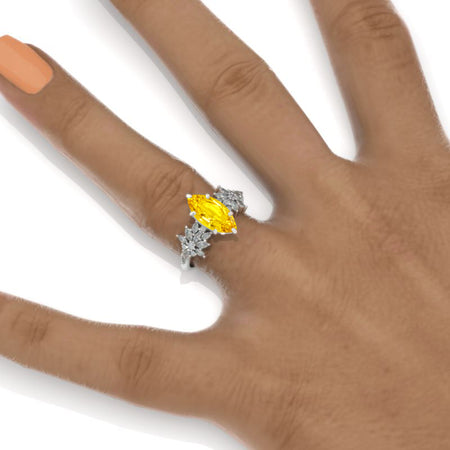 14K White Gold 1.5 Carat Marquise Cut Yellow Sapphire Floral Twig Engagement Ring Model 1377