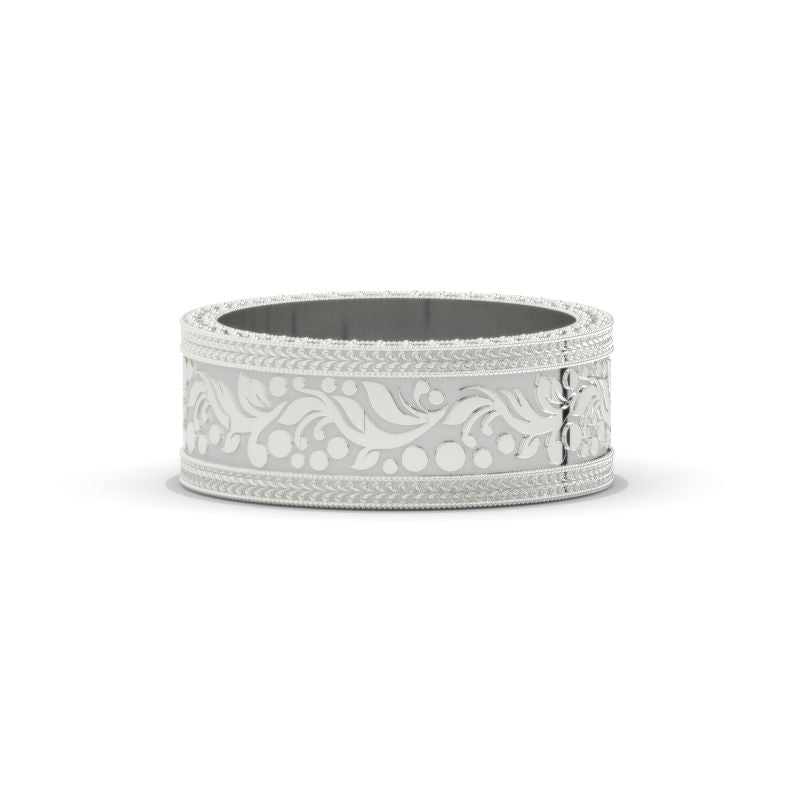 8mm Wide 14K Solid Gold Lab Grown Diamond Wedding Band – Vintage Floral Filigree Ring, Ornate Anniversary Band Model 1424