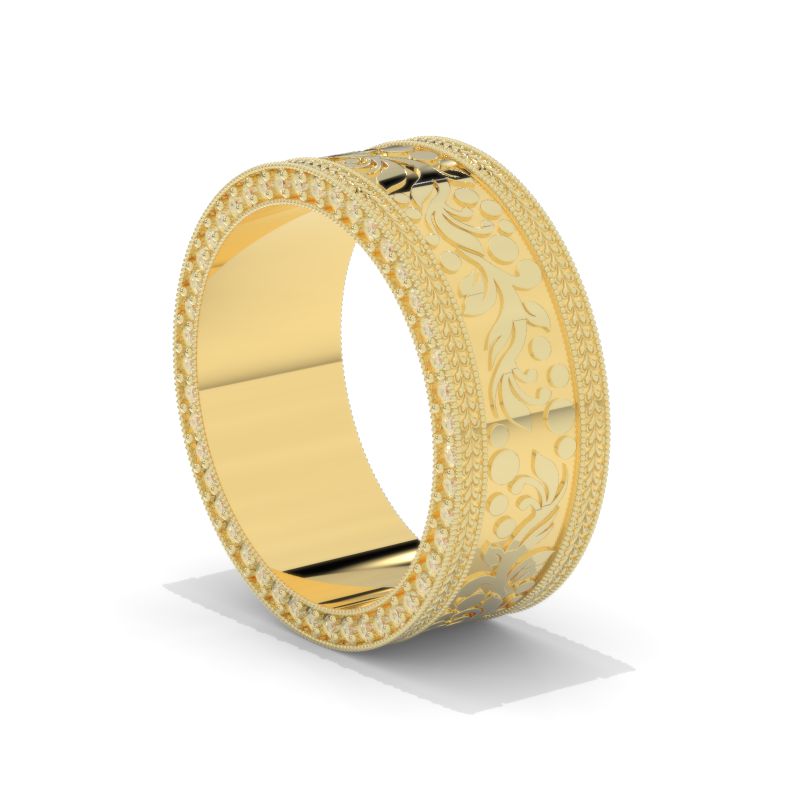 8mm Wide 14K Solid Gold Lab Grown Diamond Wedding Band – Vintage Floral Filigree Ring, Ornate Anniversary Band Model 1424