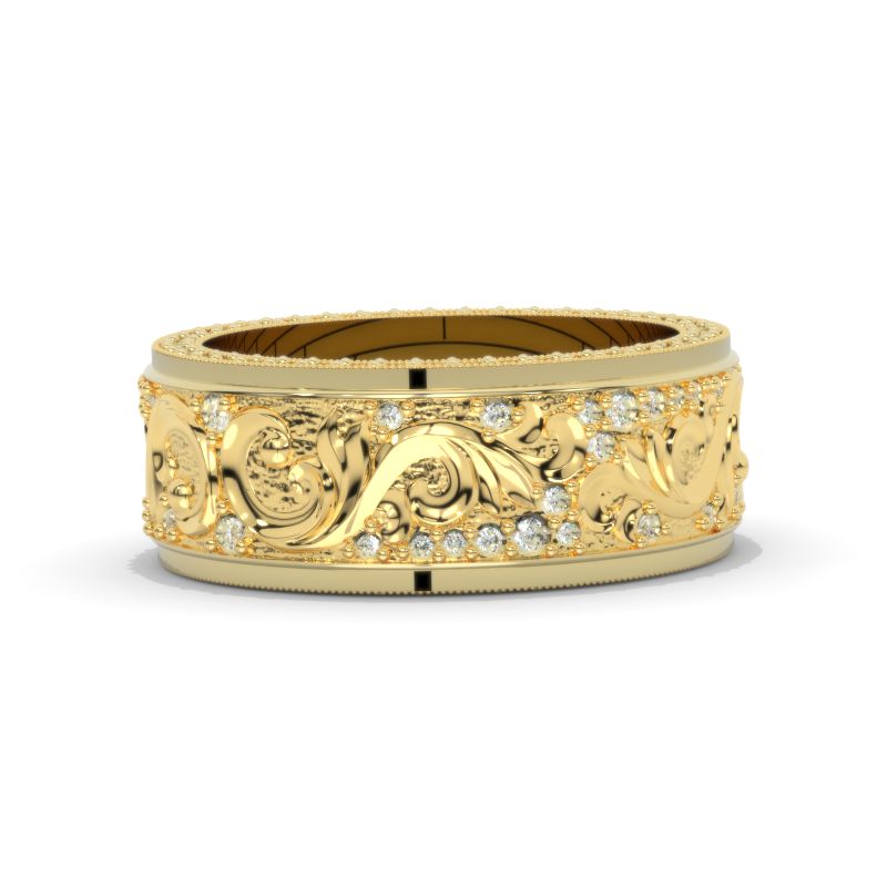 8mm Wide 14K Solid Gold Lab Grown Diamond Wedding Band – Vintage Floral Filigree Ring, Ornate Anniversary Band