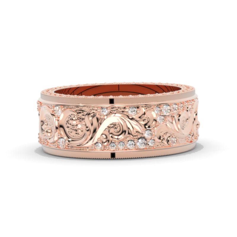 8mm Wide 14K Solid Gold Lab Grown Diamond Wedding Band – Vintage Floral Filigree Ring, Ornate Anniversary Band