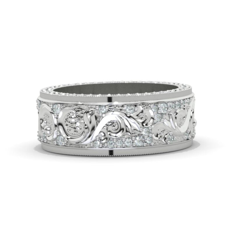 8mm Wide 14K Solid Gold Lab Grown Diamond Wedding Band – Vintage Floral Filigree Ring, Ornate Anniversary Band