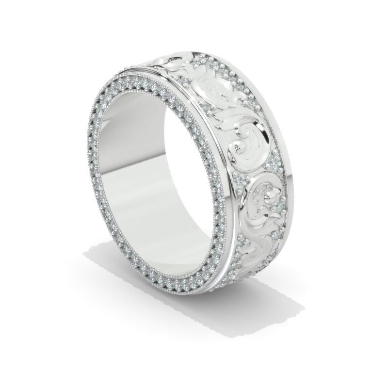 8mm Wide 14K Solid Gold Lab Grown Diamond Wedding Band – Vintage Floral Filigree Ring, Ornate Anniversary Band