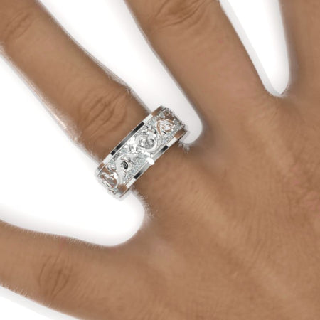 8mm Wide 14K Solid Gold Lab Grown Diamond Wedding Band – Vintage Floral Filigree Ring, Ornate Anniversary Band Model 1425