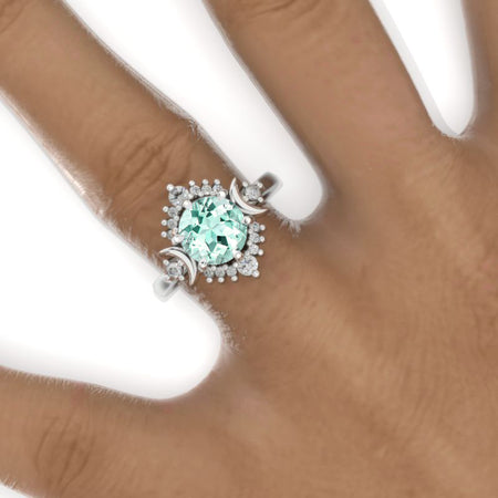 2 Carat Mint Sapphire Moon Halo Gold Engagement Promissory Ring