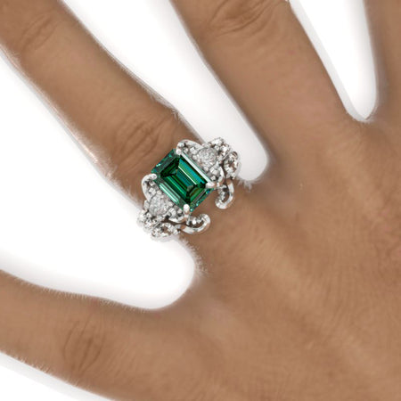 3 Carat Emerald Halo Giliarto Green Moissanite Twisted Shank  White Gold Engagement Ring Set Model 1101