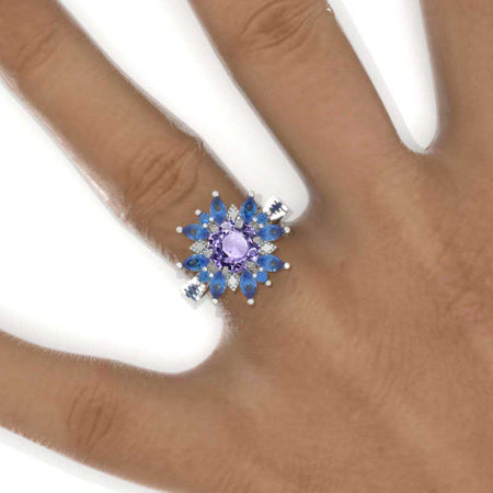 2 Carat Round Snowflake Floral Purple Sapphire Halo Engagement Ring